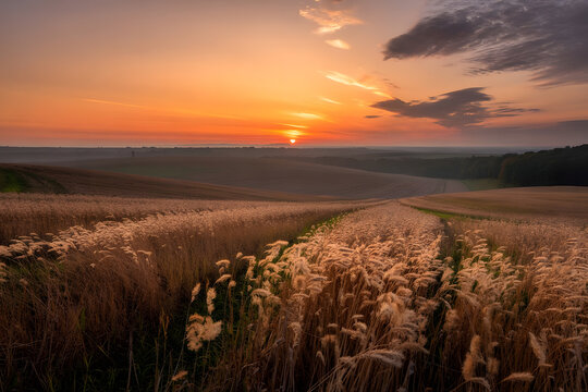 12k ultra HD photo of golden fields glowing in morning light, with swaying tall grass under a soft orange-yellow sky and poetic drifting clouds near horizon.