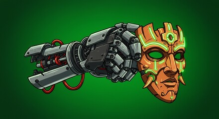 Pixel Art Robotic Hand and Ornate Mask on Green Background