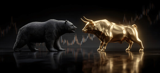 Bull vs. bear market: Bullish and bearish trends illustrated by a bull and bear facing off. Modern abstract concept for Wall Street business, finance, trading, cryptocurrency and bull market trader. 