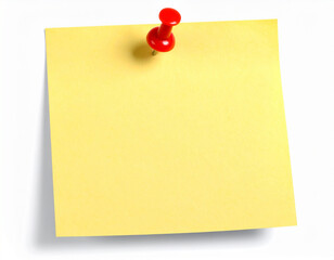Yellow Sticky Note with Red Thumbtack on White Background, Shadowed.