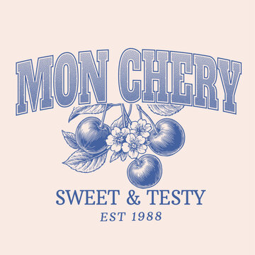 Cherry vector graphics. trandy fashion graphics. collage typograpy font this art. women's t shirt food print design. Vintage line drawing and doted cherry illustration.