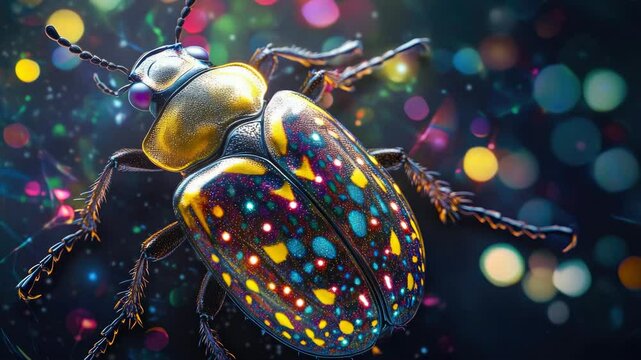 A vibrant and colorful ladybug graphed up close, showcasing its intricate patterns and glowing colors with bokeh effects in the background.