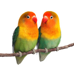 Vibrant Lovebirds Perched on Branch Colorful Parrot Pair CloseUp on transparent Background