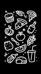 White food doodle icons including burger, pizza, fruits, and drinks on a black background, creating a fun and modern seamless pattern.

