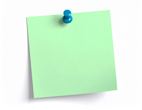 Mint Green Note Paper with Blue Push Pin on White Background - Powered by Adobe