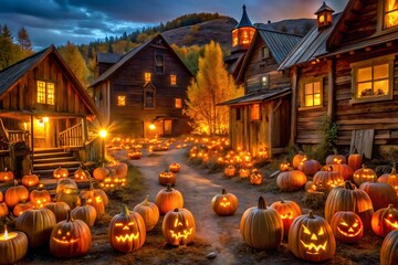 Obraz premium Halloween village with glowing jack o lanterns lining the streets at night