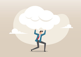 A businessman burdened as he struggles to carry a large,  white cloud