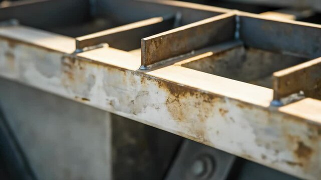 Close up of steel frame structure with welded joints. Industrial background with metal beams and construction elements. Metalworking industry footage.
