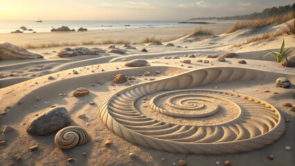 Beach sand art spiral shell design scenic ocean view tranquil seascape nature photography coast scene