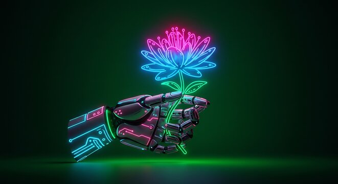 Robotic Hand Holding a Neon Flower