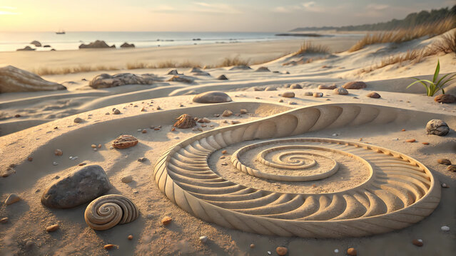 Beach sand art spiral shell design scenic ocean view tranquil seascape nature photography coast scene