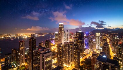 A dark‑mode city skyline of towering skyscrapers showered with galaxy‑like radiance.
