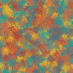 Dusty teal, marble blue, dark pastel red, orange salmon and orangey yellow random spots, round splashes. Abstract seamless hand drawn pattern.