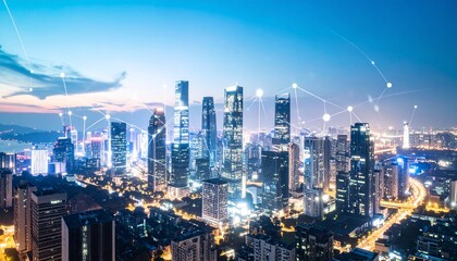 Obraz premium A near-future urban landscape with pale blue light particles raining down.