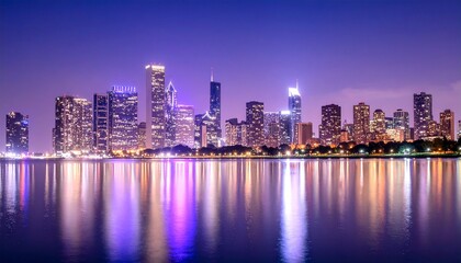 Naklejka premium A nighttime city skyline with descending purple glimmers.