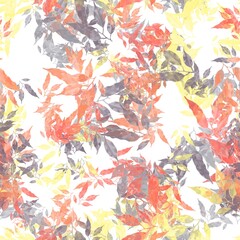 Medium grey, peachy pink, corn yellow and ash grey tree branches with leaves on the white background. Seamless hand drawn pattern.