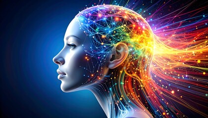 Obraz premium Rainbow-colored neural matrix forming half a human face, disintegrating into glowing data streams, artistic and futuristic 3D render.