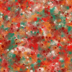 Mineral green, lava red, dusty orange, bone and old brick red chaotic brush strokes. Small circles and abstract shapes. Seamless hand drawn pattern.