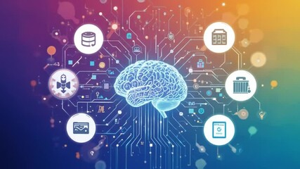 Artificial intelligence ecosystem concept showing digital brain and connected icons, symbolizing cloud computing, data processing, machine learning, automation, and cybersecurity. 4k video - Powered by Adobe