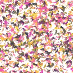 Abstract pattern of feathers on a white background. Medium pink, bright yellow, apricot yellow, pale magenta and charcoal grey colors. Seamless hand drawn pattern.