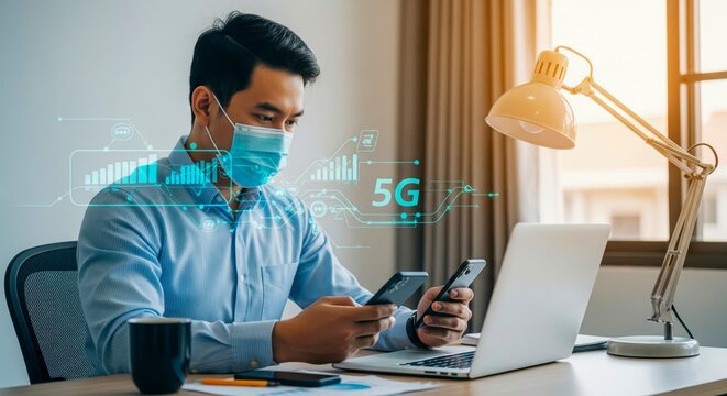 Businessman Using 5G Technology For Remote Work - Powered by Adobe