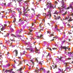 Abstract pattern of woody brown, papaya orange, warm purple and dark taupe feathers on a white background. Seamless hand drawn pattern.