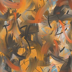 Big free brush strokes of wonderful orange are mixed with black and blue colour. Seamless abstract background.
