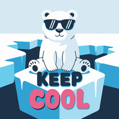A cool polar bear wearing sunglasses sits on an ice floe with the words keep cool written below it © Raian