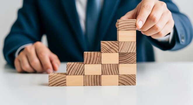 Businessman Building Wooden Block Staircase - Powered by Adobe
