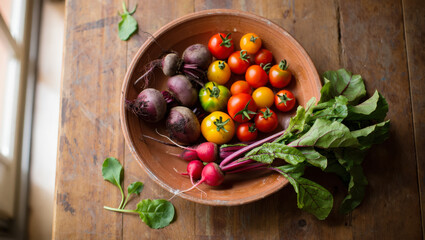 Freshly harvested organic vegetables including radishes, tomatoes, and beets arranged in a rustic bowl on a wooden table, showcasing vibrant colors and natural textures