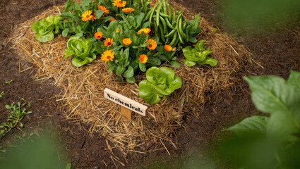 Vibrant garden bed featuring lush greens, bright flowers, and a wooden sign promoting chemical-free practices, showcasing sustainable agroecology principles in a natural setting