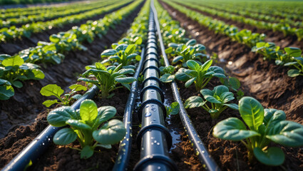 Drip irrigation system in a lush green agroecology farm, showcasing vibrant crops growing in neat rows, emphasizing sustainable agricultural practices and efficient water management