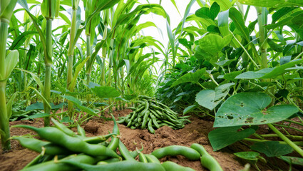 Lush green agroecological farm with rows of corn and beans growing in rich soil, showcasing sustainable agriculture practices and biodiversity in a vibrant ecosystem