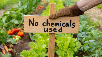 Hand holding wooden sign stating no chemicals used in vibrant organic garden showcasing lush vegetables and healthy soil, promoting sustainable agroecology practices for environmental health
