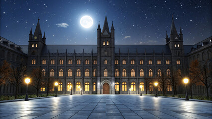 Obraz premium A majestic castle stands illuminated under a full moon and starry night sky, its grand facade and courtyard creating a magical and mysterious atmosphere