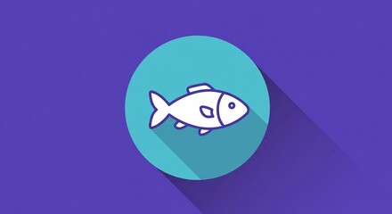 Simple White Fish Icon on Teal Circle Purple Background