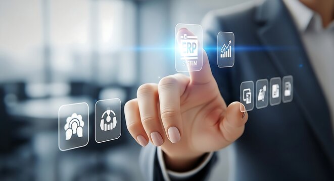 Businessman interacting with virtual interface, touching icons representing strategy, digital transformation, and data analytics on a bright screen.
