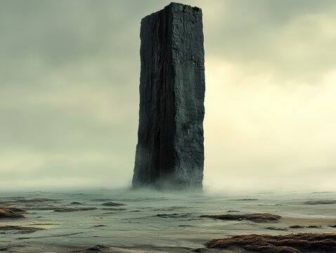 Monolithic obelisk stands tall in a misty, ethereal landscape - Powered by Adobe