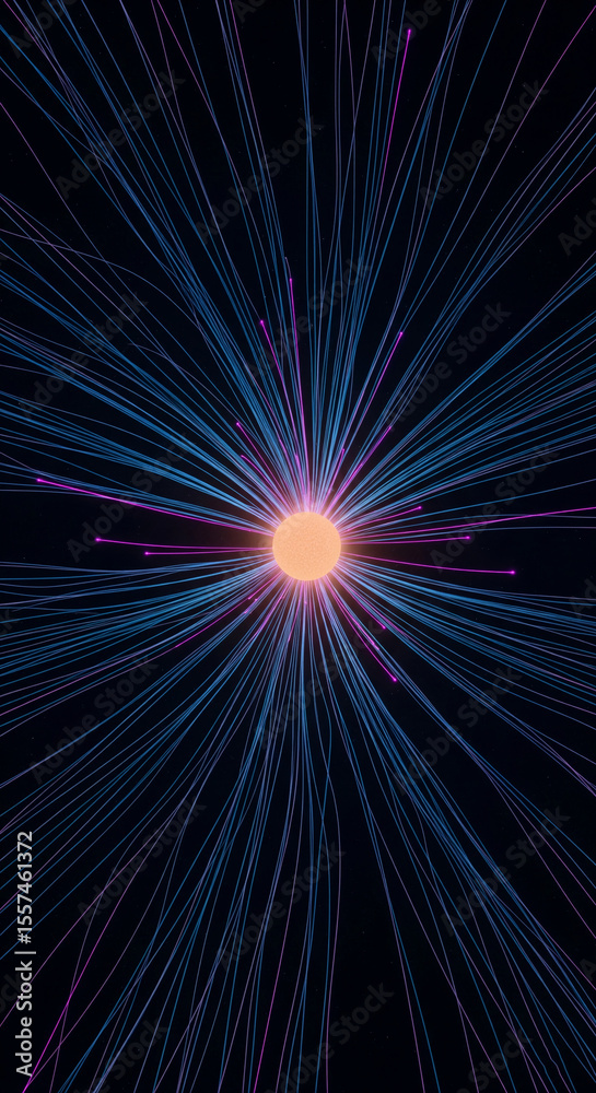 Poster Abstract image of glowing lines radiating from central sphere, creating dynamic, energetic visual, symbolic of connection, energy, or cosmic phenomena