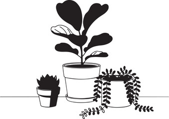 Charming Trio of Potted Plants A Minimalist Black and White Illustration of Indoor Greenery Bringing Nature Inside
