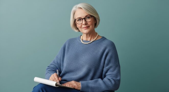Portrait of a senior woman in blue sweater taking notes with pen on a notepad item - Powered by Adobe