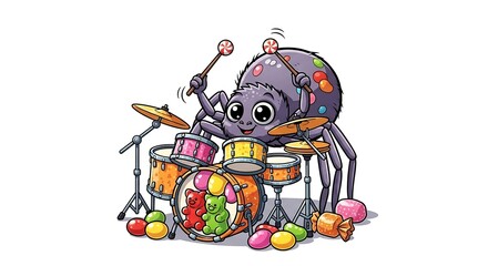Cartoon spider playing drums with candy decorations and lollipop drumsticks on a white background