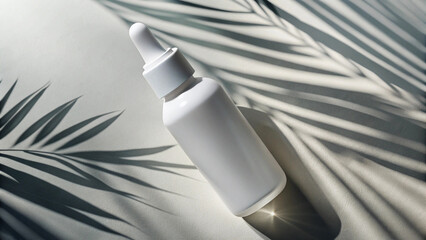 A white serum bottle with a dropper is isolated on a white background, with palm leaf shadows adding a touch of elegance