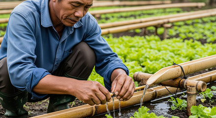 Male farmer adjusting bamboo irrigation system in lush green agroecological farm, showcasing sustainable agriculture practices and dedication to environmental stewardship
