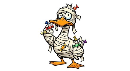 Cartoon duck dressed as a mummy covered in candy with a white background in digital art style