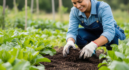 Woman in denim overalls is tending to a vibrant vegetable garden, carefully working with rich soil and lush green plants, embodying sustainable agricultural practices and connection to nature