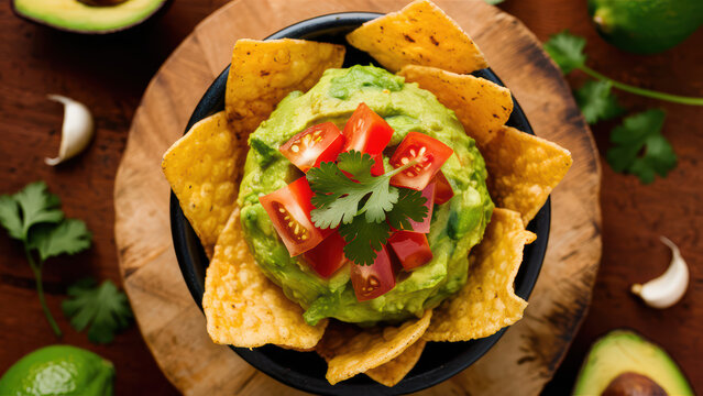 Fresh guacamole dip topped with tomatoes and cilantro, served with crispy tortilla chips.
 - Powered by Adobe