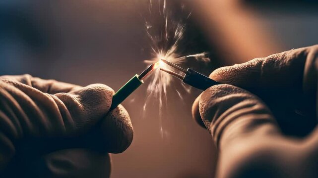 Man holding two electric wires sparking as they connect. Concept of electrical short circuits and danger. - Powered by Adobe