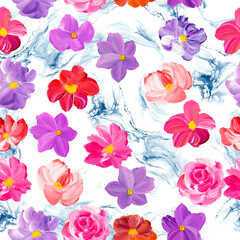 Seamless pattern of abstract purple, red and pink flowers, original hand drawn, impressionism style, color texture, brush strokes of paint, art background