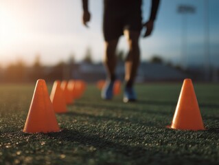 Man practicing agility drills with orange cones on a sports field
